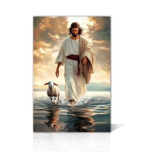 LZIMU Jesusbild für die Wand Christliche Leinwanddrucke Jesus Geht auf Dem Wasser Wandbild Christus Rettet Das Verlorene Lamm Kunstdrucke Gott Poster (Braun, 30.00 x 45.00 cms) von LZIMU
