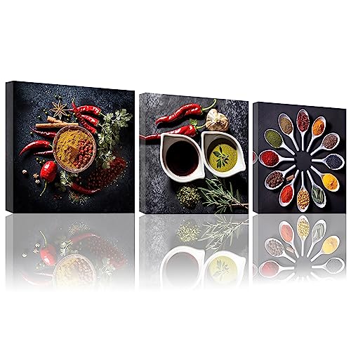 LZIMU Küchenbild auf Leinwand 3 Stück buntes Gewürz Pfeffer Rosmarin im Löffel Leinwandbild modernes Kunstwerk für die Esszimmerdekoration Gerahmt(1, 25x25cmx3 Stück) von LZIMU