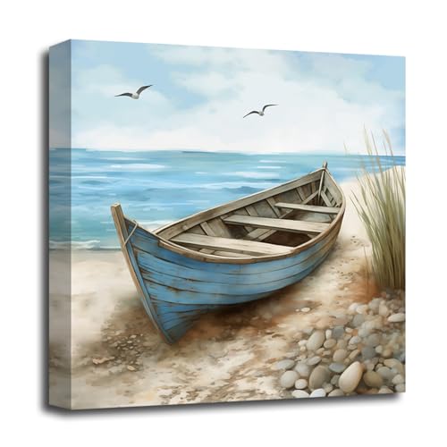 LZIMU Küsten Leinwand Wanddrucke Badezimmer Dekoration nautisches Boot am Strand Kunstdrucke Ozean Möwe Meereslandschaft Meereswandbild (B, 45.00 x 45.00 cms) von LZIMU