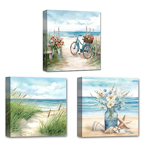 LZIMU Küsten Leinwandbild 3-teilig Sanddüne Meer Fahrrad und Blumen Wanddrucke blauer Strand Meereslandschaft Gemälde für Heimdekoration (A,30.00 x 30.00 cmsx3 Pezzi) von LZIMU