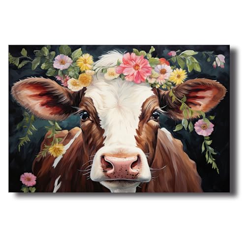 LZIMU Kuh Leinwand Bilder niedliche Kuh mit Blumen Poster Drucke lustige Tiere Bild rustikales Bauernhaus Kunstwerk Badezimmer Dekoration Gerahmt (Bild-5, (40.00 x 60.00 cms)) von LZIMU