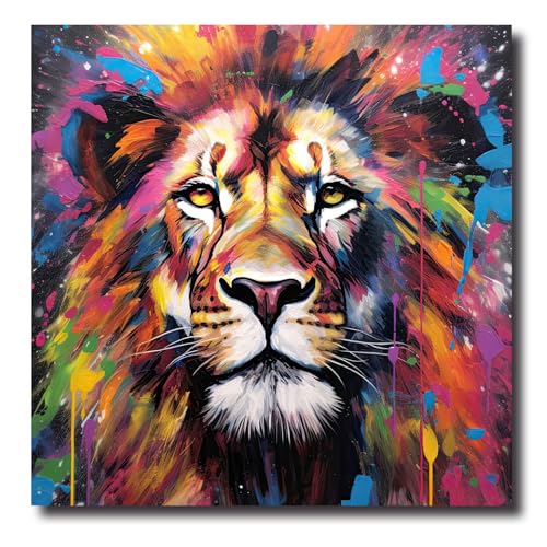 LZIMU Löwen Leinwand Bilder bunte Löwenkopf Poster Drucke abstrakte Tiergemälde für Kinderzimmer Kinderzimmer Gerahmt (Bild-1, (45.00 x 45.00 cms)) von LZIMU
