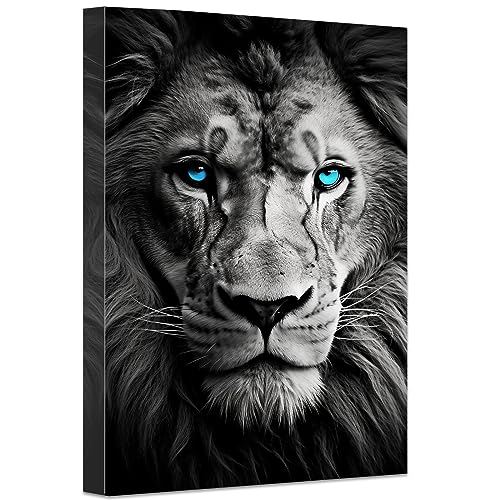 LZIMU Löwen bild auf Leinwand afrikanische Wildtiere Kopf blaue Augen Porträt Leinwand Schwarz Weiß Kunstwerk Wanddekoration Gerahmt (3, 40.00x60.00cms) von LZIMU