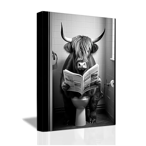 LZIMU Lustige Badezimmer Wanddekoration Highland Kuh die auf der Toilette sitzt und Zeitung liest Leinwand Kunstdrucke Schwarz Weiß Tiere Poster (E, 70.00 x 105.00 cms) von LZIMU