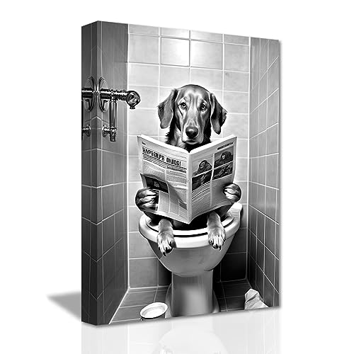LZIMU Lustige Badezimmer Wanddekoration Kunstdruck auf Leinwand Hund sitzt auf der Toilette und liest Zeitung Poster mit Tieren in Schwarz und Weiß (F, 30.00 x 45.00 cms) von LZIMU
