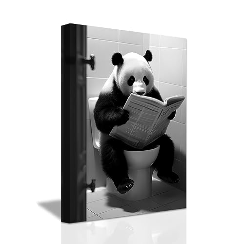 LZIMU Lustiges Badezimmer Wanddekor Panda sitzt auf der Toilette und liest Zeitung Kunstdruck auf Leinwand Schwarz Weiß Tiere Wandbild (B, 28.00 x 35.00 cms) von LZIMU