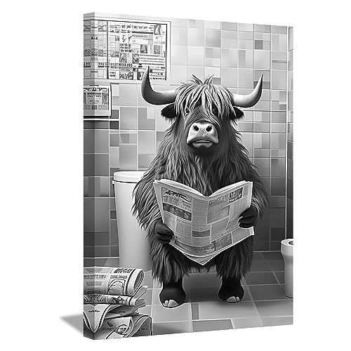 LZIMU Lustiges Badezimmerbild auf Leinwand Hochlandkuh sitzt auf der Toilette und liest Zeitung Leinwandbild Schwarz Weiß Tiere Poster Wanddekoration Gerahmt(1, 50x75cm) von LZIMU