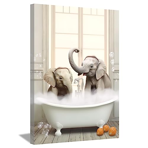 LZIMU Lustiges Badezimmerbild auf Leinwand niedlicher Elefant und Baby in der Badewanne Tiere Leinwandbild für modernes Badezimmer Babyzimmer Wanddekoration Gerahmt (60x90cm) von LZIMU