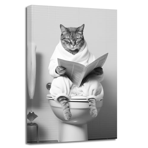 LZIMU Lustiges Tier Badezimmer Wandbild Katze sitzt auf Toilette und liest Zeitung Poster Drucke auf Leinwand Schwarz Weiß Bilder Badezimmer Kunstwerk (Bild-3, (40.00 x 60.00 cms)) von LZIMU