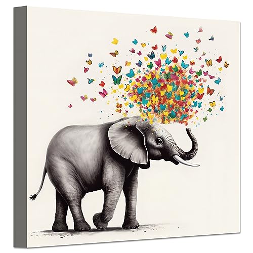 LZIMU Lustiges Tier bild auf Leinwand Elefant mit buntem Schmetterling Leinwandbild für moderne Kinderzimmer Kinderzimmer Wanddekoration (Gerahmt, 40.00x40.00cms) von LZIMU