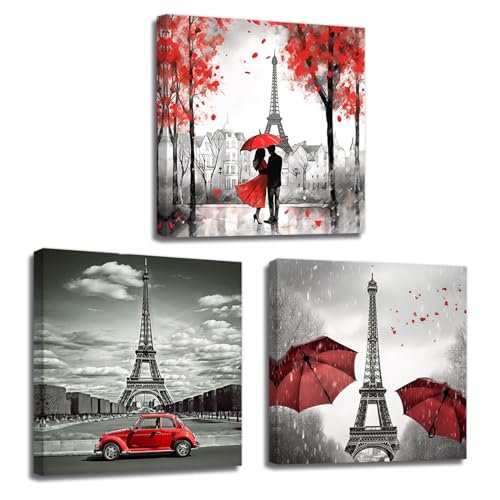 LZIMU Paris Bild auf Leinwand 3 Stück schwarz rotes Paar mit Regenschirm Auto Eiffelturm Leinwandbild romantisches Jubiläum Wanddekoration Gerahmt(1, 30x30cmx3 Stück) von LZIMU