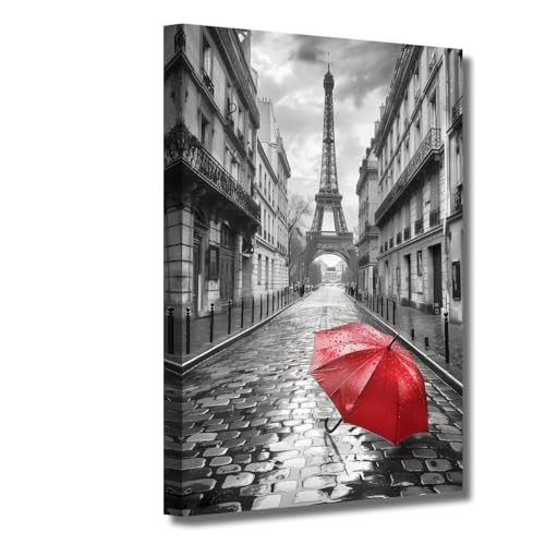 LZIMU Paris Eiffelturm Bilder Roter Regenschirm in der Pariser Straße Gemälde Eiffelturm Leinwanddrucke Schwarz Weiß Landschaft Heimdekoration (50.00 x 75.00 cms) von LZIMU