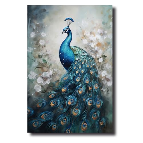 LZIMU Pfauen Leinwand Bilder blaue Pfauenfeder Malerei Drucke elegante Blumen Tierbild Vintage Kunstwerk für Schlafzimmer Wohnzimmer (Bild-2, (30.00 x 45.00 cms)) von LZIMU