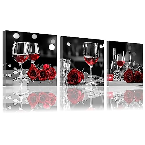 LZIMU Schwarz weißes und rotes Bild auf Leinwand 3 Stück Rotwein mit Rose Leinwandbild romantisches Kunstwerk für Esszimmer Wanddekoration Gerahmt(2, 30x30cmx3 Stück) von LZIMU