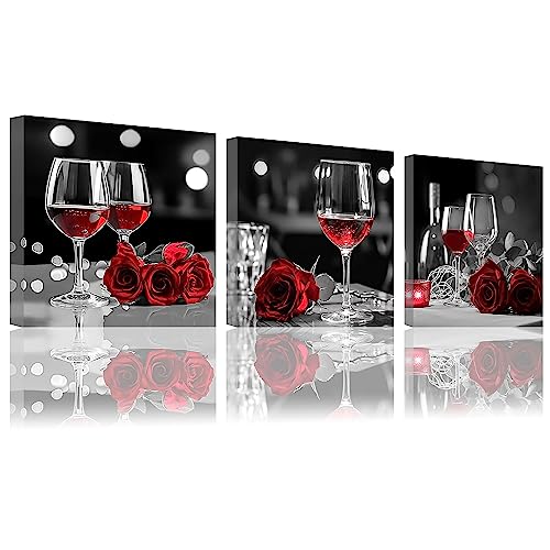 LZIMU Schwarz weißes und rotes Bild auf Leinwand 3 Stück Rotwein mit Rose Leinwandbild romantisches Kunstwerk für Esszimmer Wanddekoration Gerahmt(2, 40x40cmx3 Stück) von LZIMU
