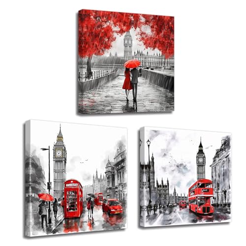 LZIMU Schwarz weißes und rotes Bild auf Leinwand romantisches Paar mit Regenschirm London Big Ben Berliner Straße Leinwandbild Jubiläum Wanddekoration Gerahmt(2, 25x25cmx3 Stück) von LZIMU