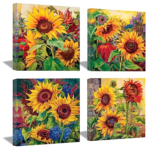 LZIMU Sonnenblumen bild auf Leinwand 4 Stück gelbe Blumen abstraktes Leinwandbild für ländliche Bauernhaus Wanddekoration Gerahmt(1, 50x50cmx4 Stück) von LZIMU