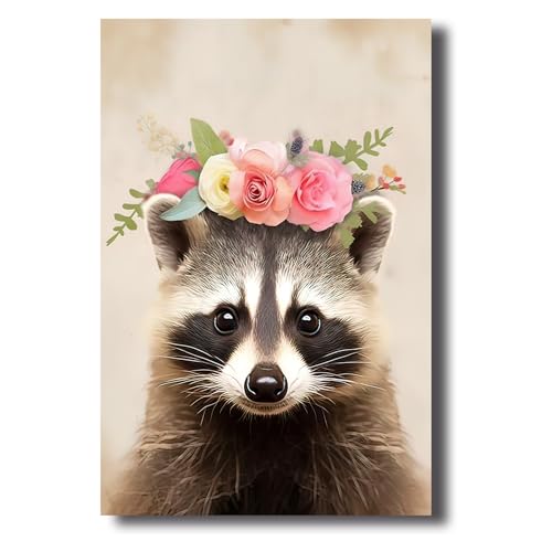 LZIMU Waschbär Leinwand Bilder süßer Waschbär mit Blumen Poster Drucke lustige Tiere Bild rustikales Bauernhaus Kunstwerk Kinderzimmer Wanddekoration Gerahmt (Bild-2, (40.00 x 60.00 cms)) von LZIMU