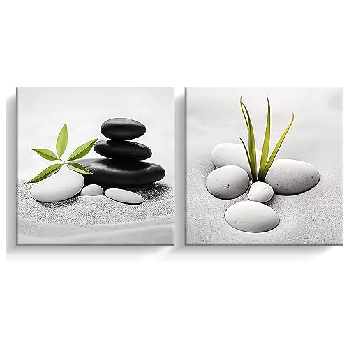 LZIMU Zen Bild auf Leinwand 2 Stück graue Steine grünes Blatt auf dem Sand Leinwand Bild Badezimmer Kunstwerk Wanddekoration Gerahmt (2, 30.00x30.00cms x2) von LZIMU