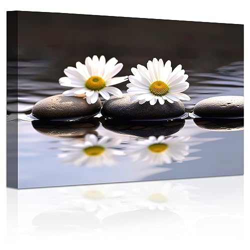 LZIMU Zen Bild auf Leinwand Gänseblümchen Stein auf Wasser Leinwanddrucke rustikales Blumen Leinwandbild für Yoga Massage Meditation Spa Raum Gerahmt (1, 40.00x60.00cms) von LZIMU