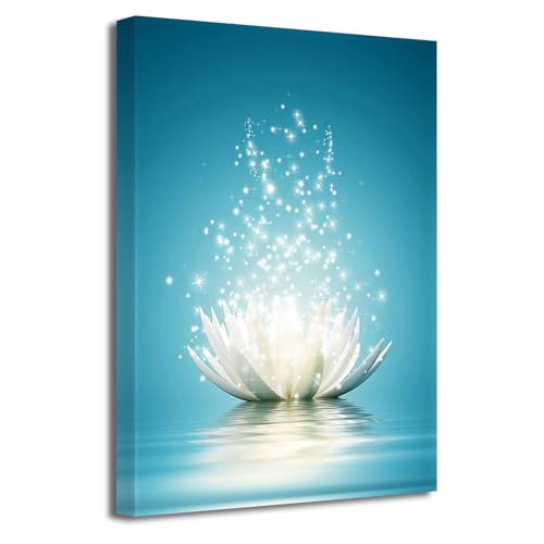 LZIMU Zen Bild auf Leinwand weiße Lotusblume Blüte im Wasser Kunstdrucke Wanddekoration Gerahmt blaugrünes Bilder für Yoga Spa Meditation spirituelle Raumdekoration(2, 60x90cm) von LZIMU