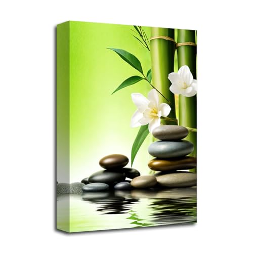 LZIMU Zen Leinwandbild Badezimmer Dekoration Zen Stein Bambus und weiße Blumen Kunstdrucke Zen Meditations Wandbild für Yoga Spa Dekoration (A, 30.00 x 45.00 cms) von LZIMU