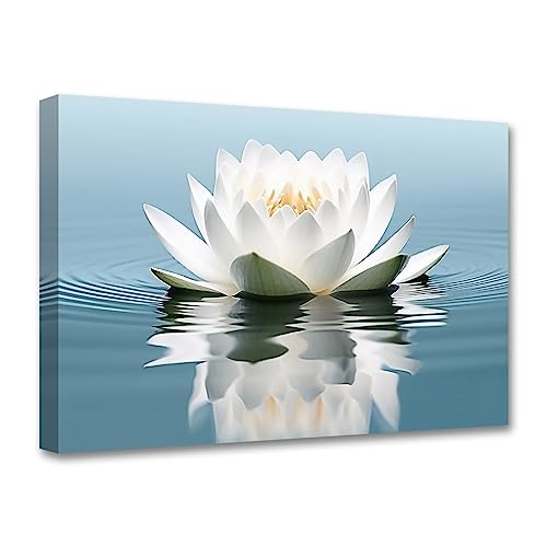 LZIMU Zen Leinwandbilder weiße Lotusblume Blüte im Wasser Kunstdrucke blaugrünes Kunstwerk Badezimmerdekoration für Yoga Spa Meditationsraum (Zen-3,(30.00 x 45.00 cms)) von LZIMU