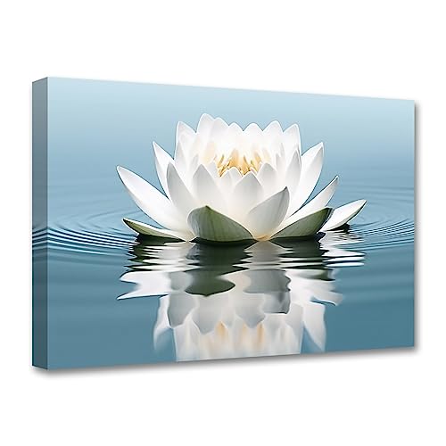 LZIMU Zen Leinwandbilder weiße Lotusblume Blüte im Wasser Kunstdrucke blaugrünes Kunstwerk Badezimmerdekoration für Yoga Spa Meditationsraum (Zen-3,(50.00 x 75.00 cms)) von LZIMU