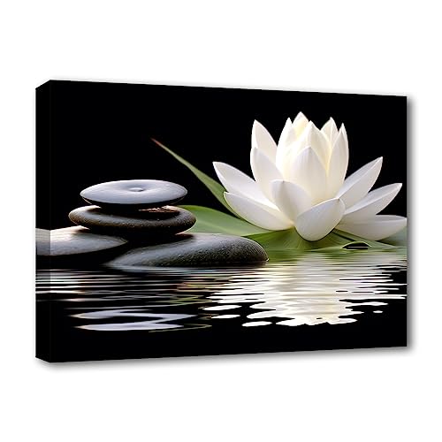 LZIMU Zen Leinwandbilder weißer Lotus und schwarze Zen Steine blühen im Wasser Bilddrucke für Yoga Spa Meditation spirituelle Raumdekoration (Zen-1,(50.00 x 75.00 cms)) von LZIMU