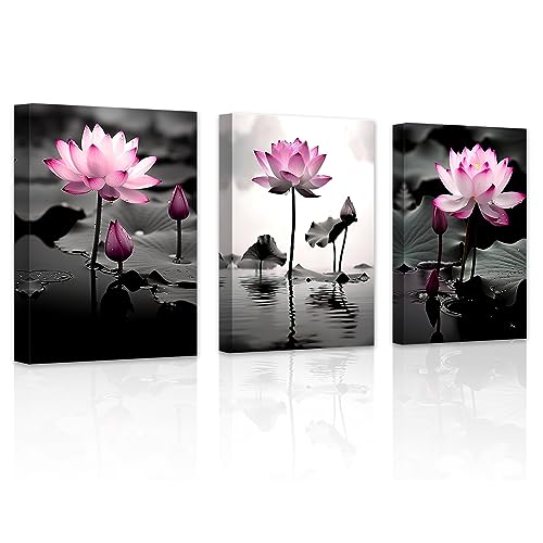 LZIMU Zen Lotusblumen Bild auf Leinwand 3 Teilig Schwarz Weiß Rosa Seerosen Leinwandbild für Badezimmer Yoga Studio Meditation Spa Raum Gerahmt (1, 28.00x35.00cms x3) von LZIMU