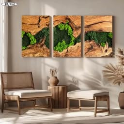 3-teiliges Leinwandbild, dekoratives Gemälde, Wandkunst-Grafikdruck aus Moos und Holz, flache dekorative Kunst, Heimdekoration (30 x 50 cm x 3/Innenrahmen) von LZJAGXX