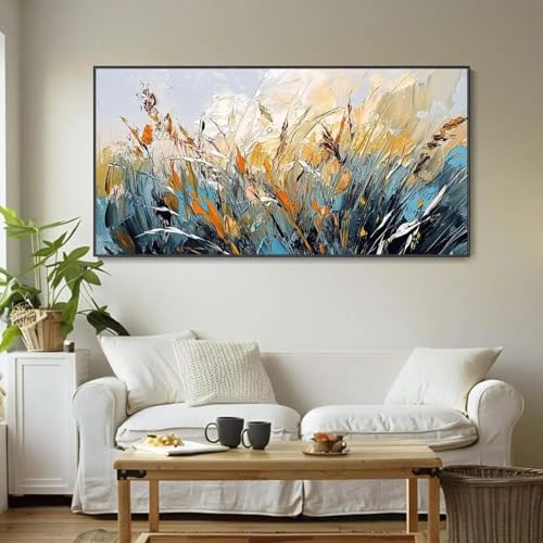 Abstract Textured Painting Landscape Print On Canvas Wall Art Calm Night Reeds Spatula Classic Style Blue Brown Wall Decor 65x130cm Unframed von LZJAGXX