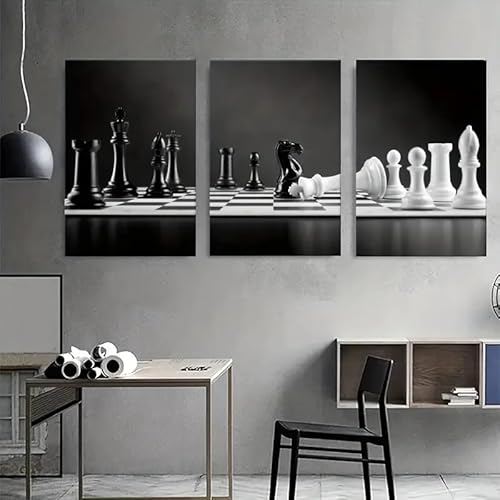 Einfache Kunst-Leinwanddrucke, Schwarz-Weiß-Schach, kreative dekorative Gemälde, Wohnzimmer, Schlafzimmer, Bürodekoration (50 x 70 cm x 3/rahmenlos) von LZJAGXX