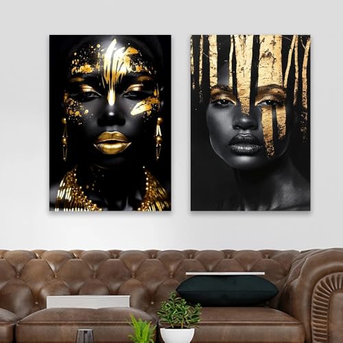 LZJAGXX Afrikanische Frau Leinwandposter, modernes Porträt, Leinwandgemälde, elegantes Gesicht in Schwarz und Gold, Kunstdrucke, Schlafzimmerdekoration (20 x 25 cm x 3/rahmenlos) von LZJAGXX