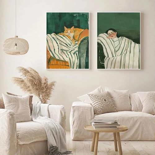 LZJAGXX Frau Katze Abstrakte Wandkunst Poster Coffee Shop Drucke Leinwand Dekorative Malerei Grün Streifen Mädchen Bilder Wohnkultur 20x30cmx2 Ungerahmt von LZJAGXX
