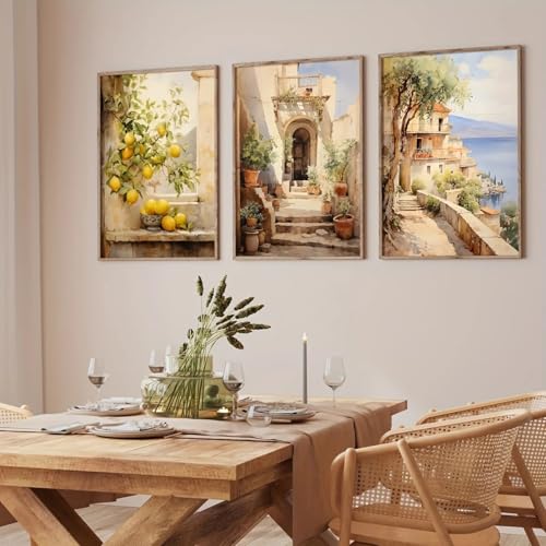 LZJAGXX Leinwanddrucke mit mediterraner Landschaft, Poster, Italien, Vintage, Zitrone, botanische Leinwand, Wandkunst, Meereslandschaft, Wandbild, Heimdekoration (40 x 60 cm x 3/rahmenlos) von LZJAGXX