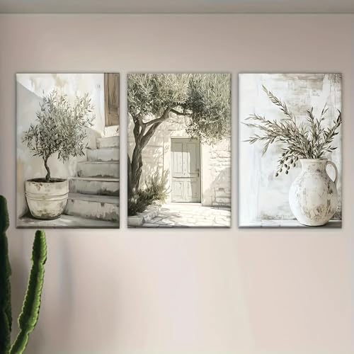 LZJAGXX Leinwanddrucke und Poster, Olivenbaum im Retro-Stil, Wandkunstdrucke mit mediterraner Landschaft, Wanddekoration für Schlafzimmer, Küche und Flur (40 x 50 cm x 3/rahmenlos) von LZJAGXX