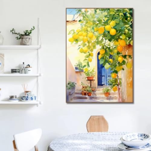 LZJAGXX Leinwandgemälde, Wandkunst, Bilder, Zitronen-Olivenbaum, Retro-mediterrane Landschaft, Posterdrucke für die Inneneinrichtung zu Hause, 80 x 120 cm, rahmenlos von LZJAGXX