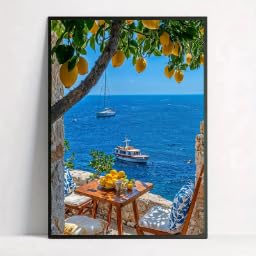 LZJAGXX Mediterranes Landschaftsplakat, italienischer Zitronenbaum, Boot, Seelandschaft, Retro-Leinwandgemälde, Wandkunst, Bilder, Heimdekoration (70 x 100 cm/rahmenlos) von LZJAGXX