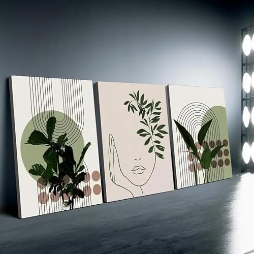 LZJAGXX Minimalistische Kunstdrucke mit Liniengesicht, moderne Wandkunst, grüner Pflanzendruck, Boho-Wanddekoration, Gemälde, Leinwand-Poster, Kunstwerk (30 x 50 cm x 3/Innenrahmen) von LZJAGXX
