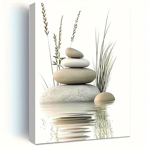 LZJAGXX Moderne ästhetische Leinwand-Wandkunst, Zen-Steine und Schilf, Druck, minimalistische Wohndekoration für Wohnzimmer, Schlafzimmer, Büro (20 x 30 cm/rahmenlos) von LZJAGXX