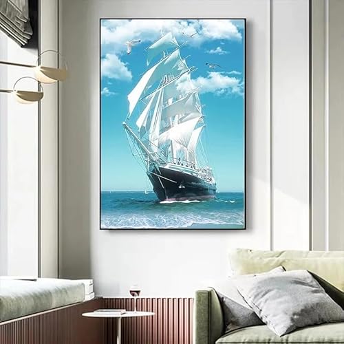LZJAGXX Nordische minimalistische Wandkunst, blaue Meereslandschaft, Posterdruck, nautisches Segelboot, Leinwandgemälde, moderne Wohnzimmer-Heimdekoration (50 x 70 cm/Innenrahmen) von LZJAGXX