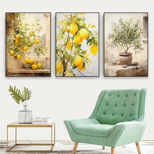 LZJAGXX Retro-Landschaftsplakat mit mediterranem, italienischem Zitronen-Olivenbaum, Leinwandgemälde, Wandkunst, Bilder, Inneneinrichtung, 50 x 70 cm x 3 Rahmen von LZJAGXX