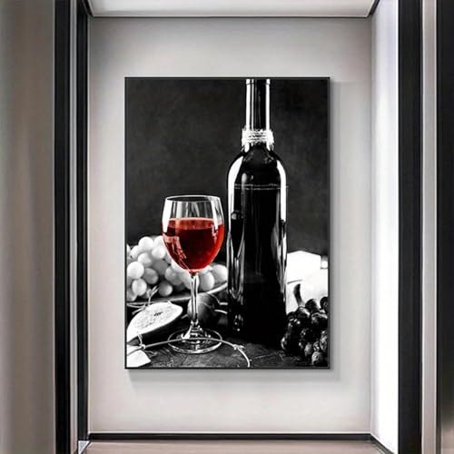LZJAGXX Wandkunst für die Küche, Poster mit Rotweinglas, Bilddruck auf Leinwand, Schwarz-Weiß-Leinwandgemälde, Esszimmer-Restaurant-Dekor, 50 x 70 cm, ungerahmt von LZJAGXX