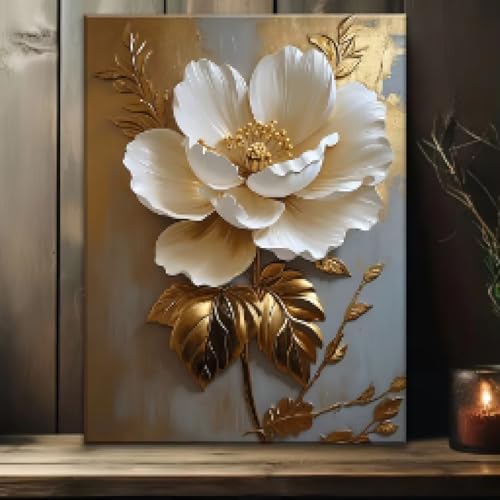 LZJAGXX Weißes Blumengemälde auf Leinwand, weiße Rose und Blattgold, Poster und Drucke für die Heimdekoration im Wohnzimmer, Bilder, 70 x 100 cm, ungerahmt LZJAGXX Weißes Blumengemälde auf Leinwand, weiße Rose und Blattgold, Poster und Drucke für die Heimdekoration im Wohnzimmer, Bilder, 70 x 100 cm, ungerahmt von LZJAGXX