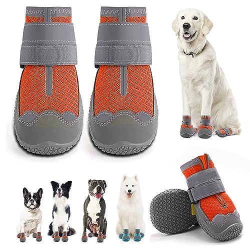 LZLUCKCOME Hundeschuhe Pfotenschutz, 4 Stück Breathable Hundeschuhe, mit Reflektierenden Riemen, Schuhe für den Hund, Klettverschluss Schneeschuhe für Hunde Outdoor Sport (1.8 Zoll, Orange) von LZLUCKCOME