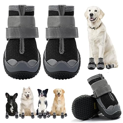 LZLUCKCOME Hundeschuhe Pfotenschutz, 4 Stück Breathable Hundeschuhe, mit Reflektierenden Riemen, Schuhe für den Hund, Klettverschluss Schneeschuhe für Hunde Outdoor Sport (2.6 Zoll, Schwarz) von LZLUCKCOME