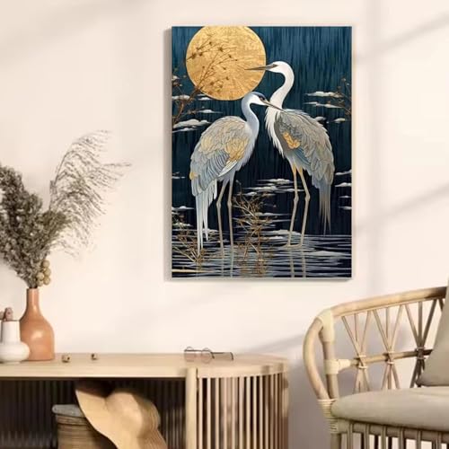 Goldener Kranich und Mond Kunst Poster Moderne Natur Leinwand Malerei Drucke Abstrakte Tiere Wandkunst Bilder Zimmer Wohnkultur 60x80cm Rahmenlos von LZMASM