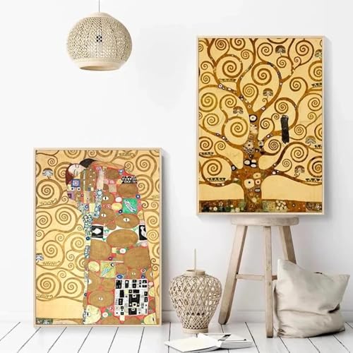 Klassisches, berühmtes Gustav Klimt-Kunstwerk mit abstrakter Figur, Kuss, Baum des Lebens, Posterdruck, Leinwandgemälde, Wandbild, Heimdekoration, 35 x 50 cm, 2 Stück, rahmenlos von LZMASM