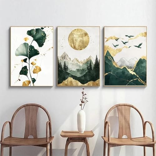 LZMASM Abstraktes Ginkgoblatt und Blätter-Poster, Natur, Berg, Sonnenuntergang, Leinwandbild, Druck, Wandkunst für Wohnzimmer, Heimdekoration, 50 x 70 cm, 3-teilig, rahmenlos von LZMASM